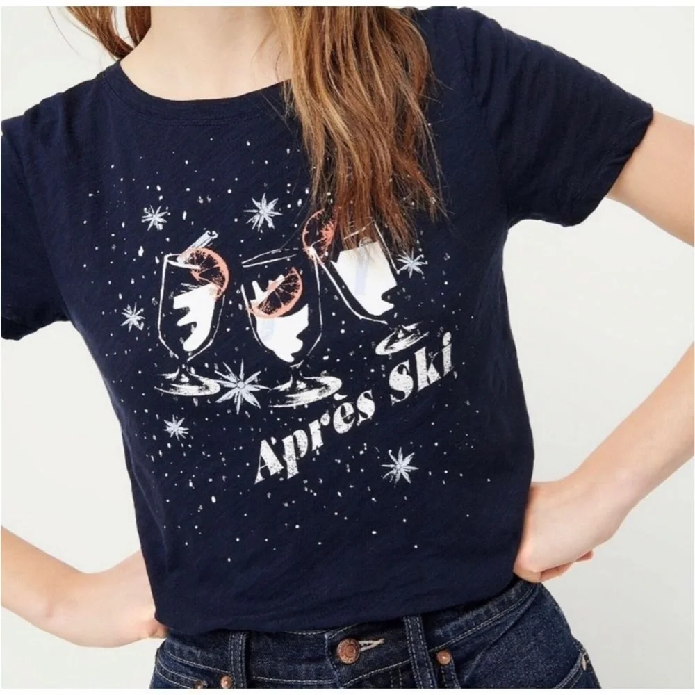 Jcrew Apres ski graphic navy blue T-shirt extra small NWT AE974